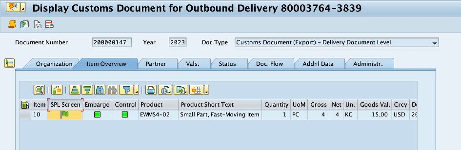 Display Customs Document for Outbound Delivery